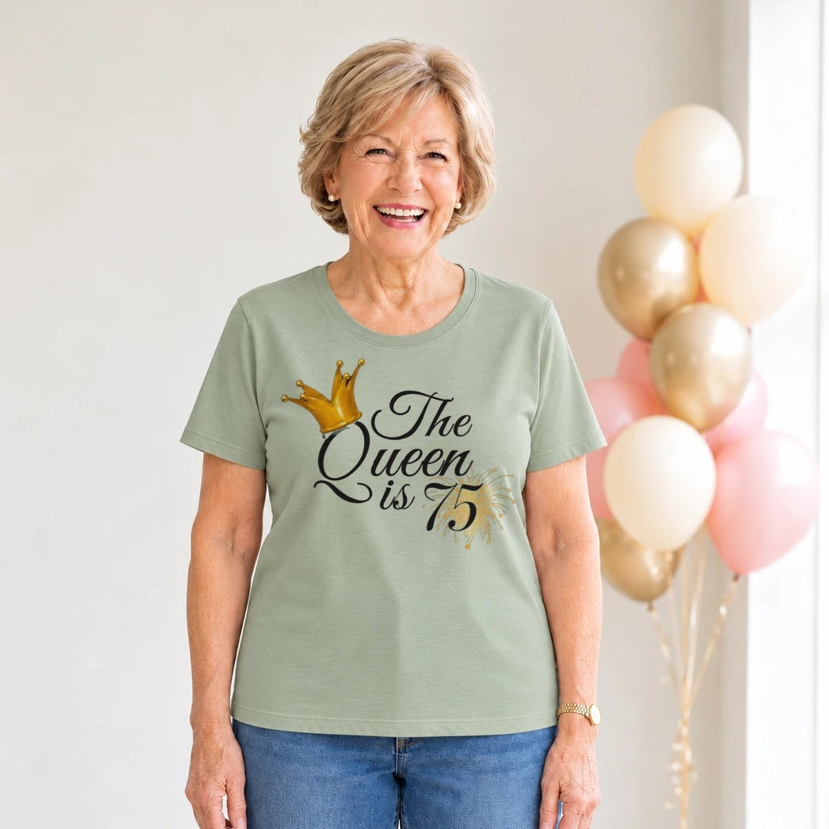 The Queen Is 75 - 75th Birthday Queen T-Shirt for Women - Sage Green Round Neck