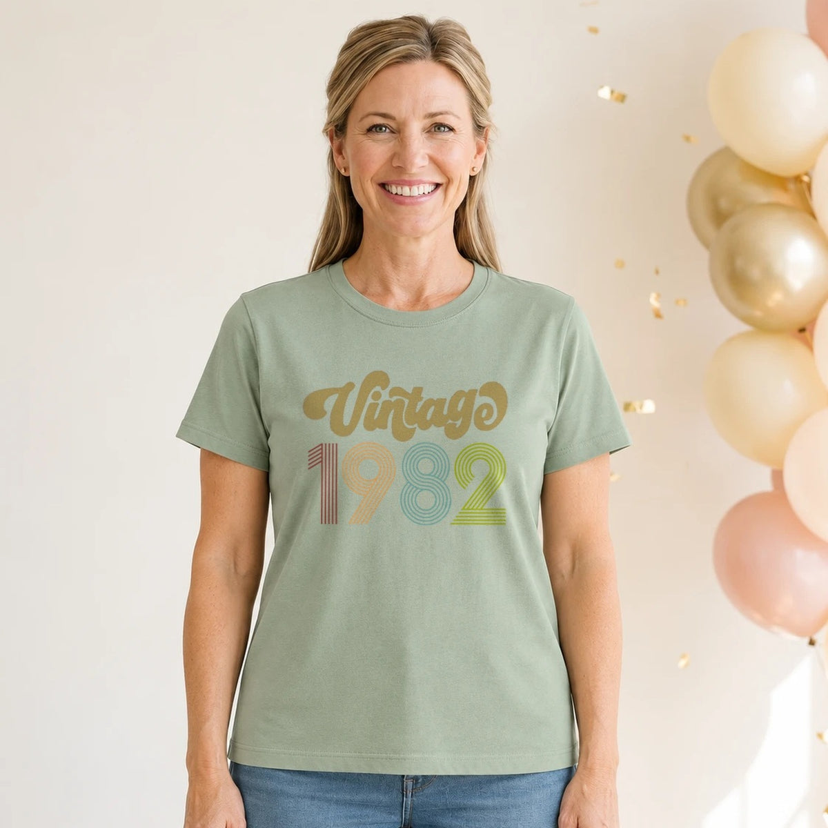 Vintage 1982 - Retro 44th Birthday T-Shirt for Women - Sage Green Round Neck