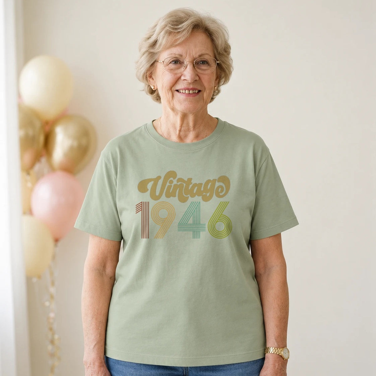 Vintage 1946 - Retro 80th Birthday T-Shirt for Women - Sage Green Round Neck