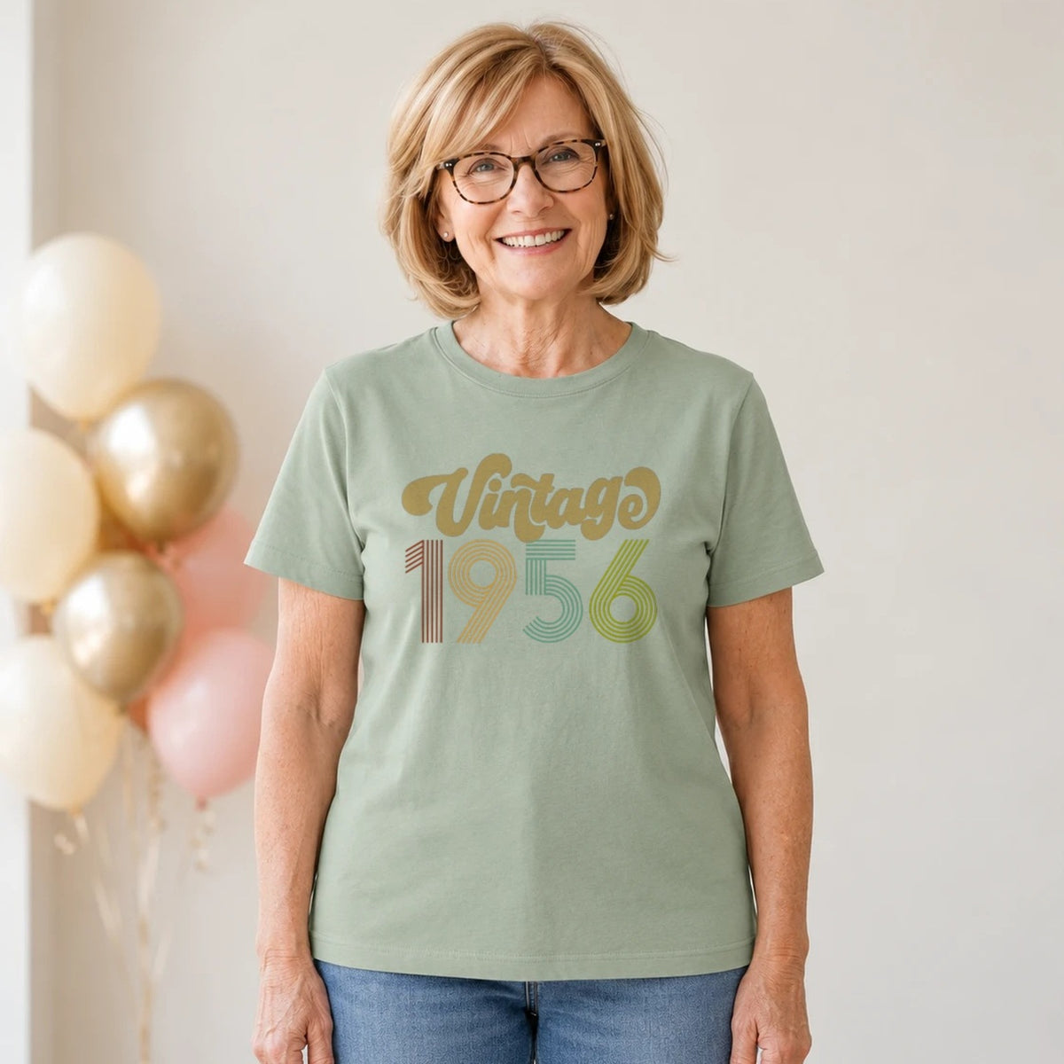 Vintage 1956 - Retro 70th Birthday T-Shirt for Women - Sage Green Round Neck