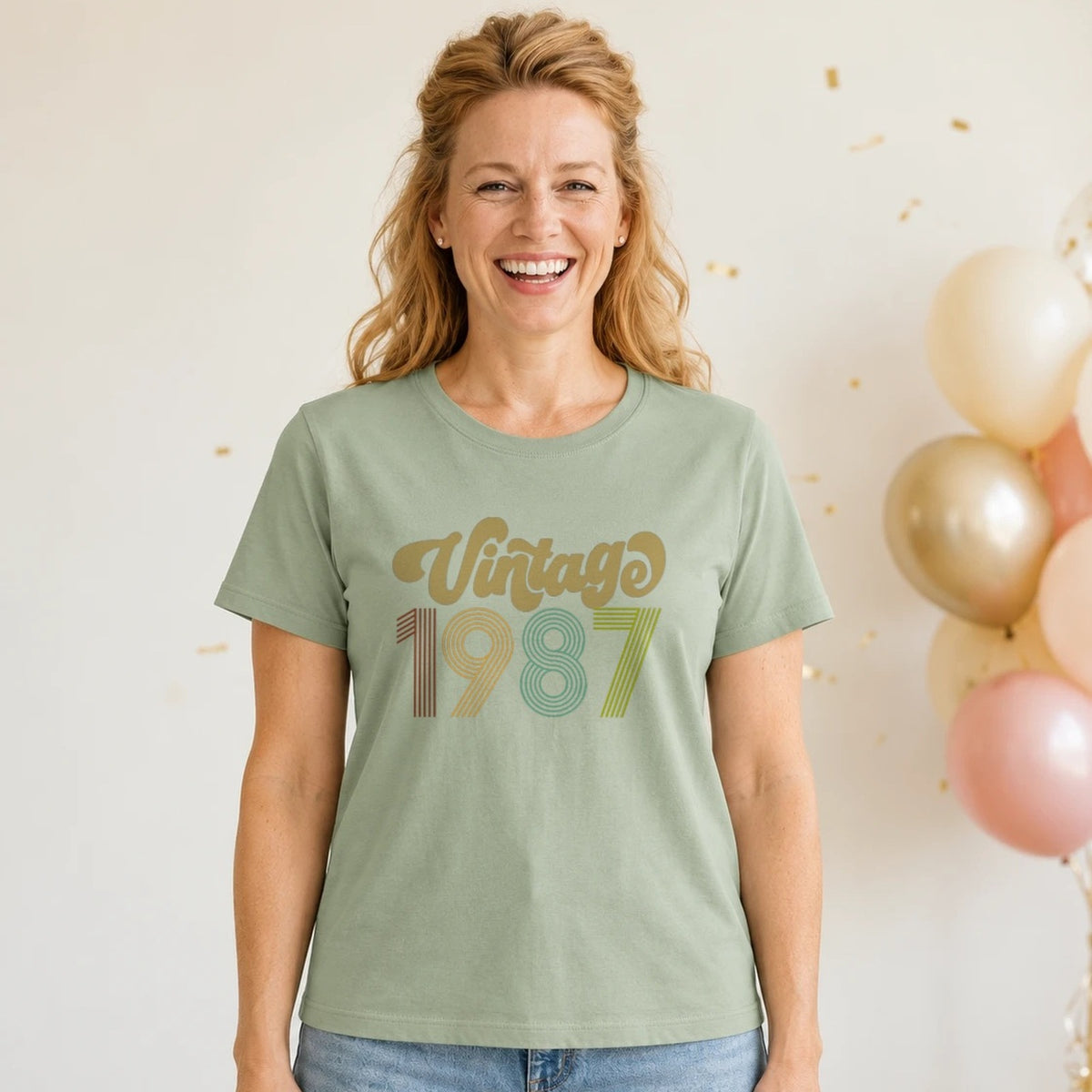 Vintage 1987 - Retro 39th Birthday T-Shirt for Women - Sage Green Round Neck