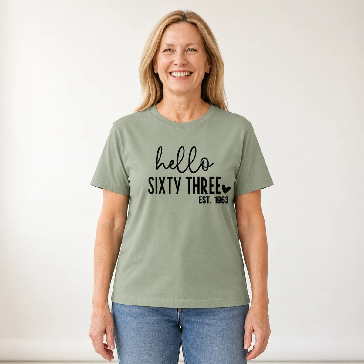 Hello Sixty-Three 63rd Birthday T-Shirt for Women - Est. 1963 - Sage Green Round Neck