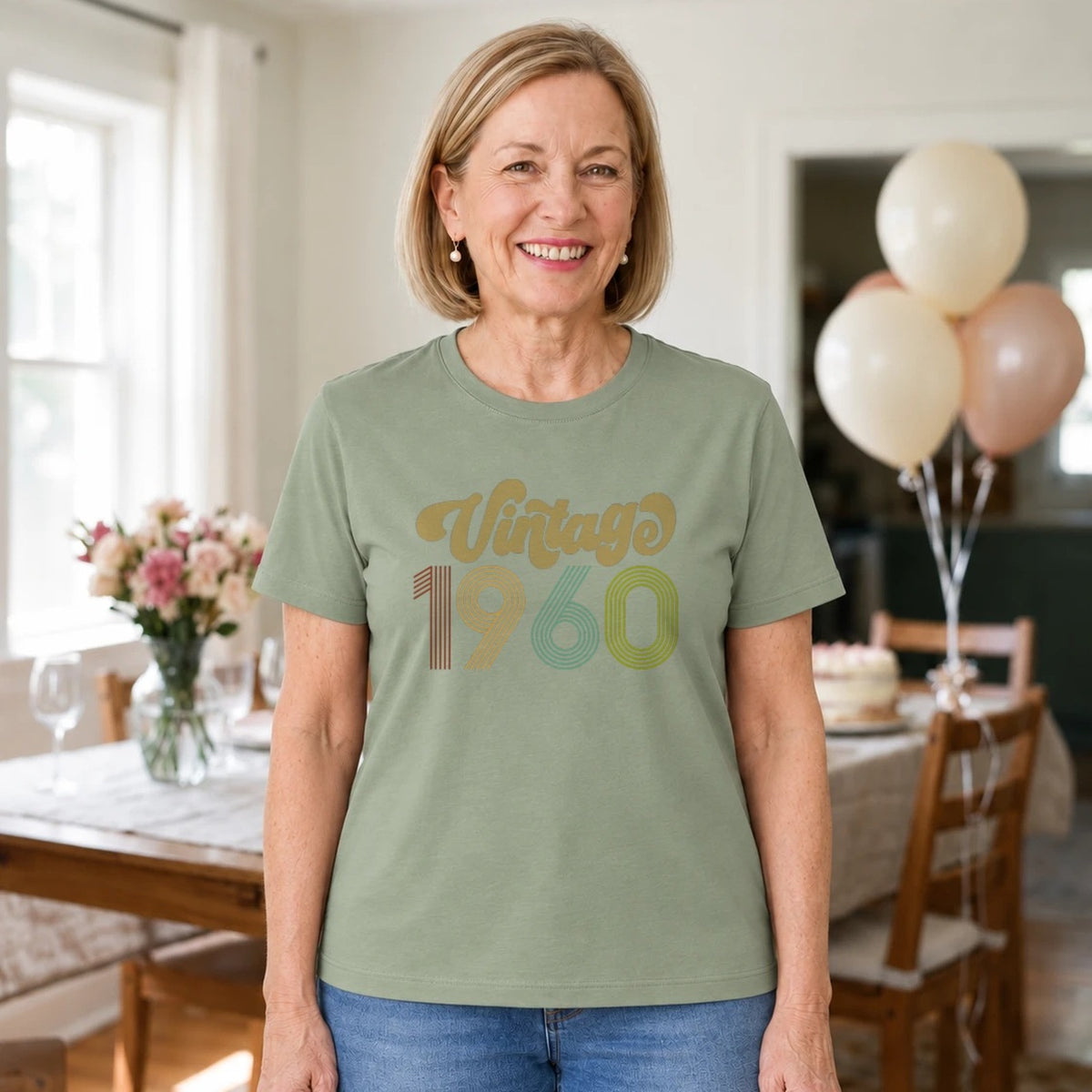 Vintage 1960 - Retro 66th Birthday T-Shirt for Women - Sage Green Round Neck