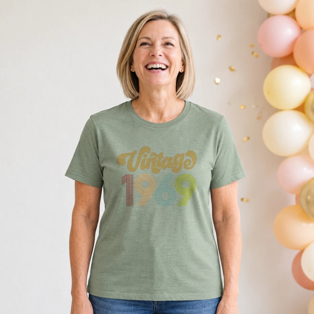 Vintage 1969 - Retro 57th Birthday T-Shirt for Women - Sage Green Round Neck