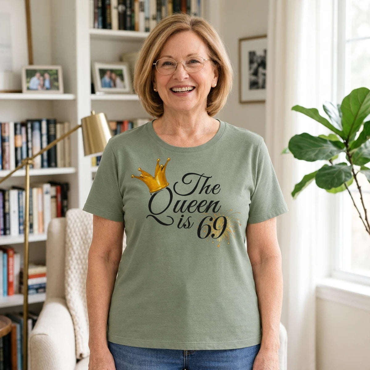 The Queen Is 69 - 69th Birthday Queen T-Shirt for Women - Sage Green Round Neck