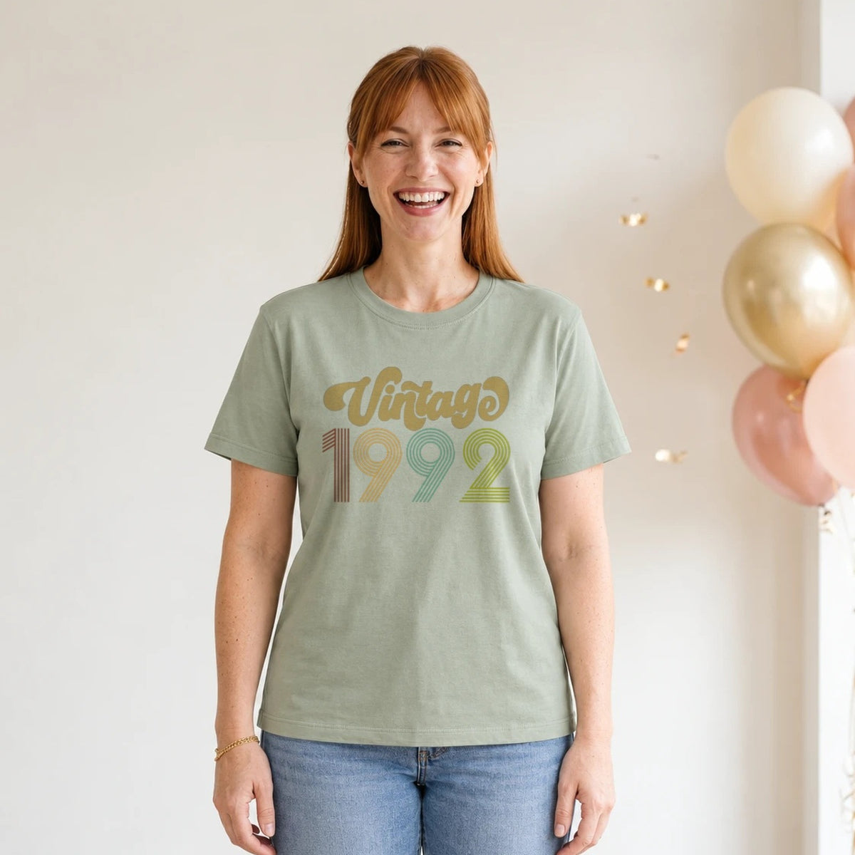 Vintage 1992 - Retro 34th Birthday T-Shirt for Women - Sage Green Round Neck