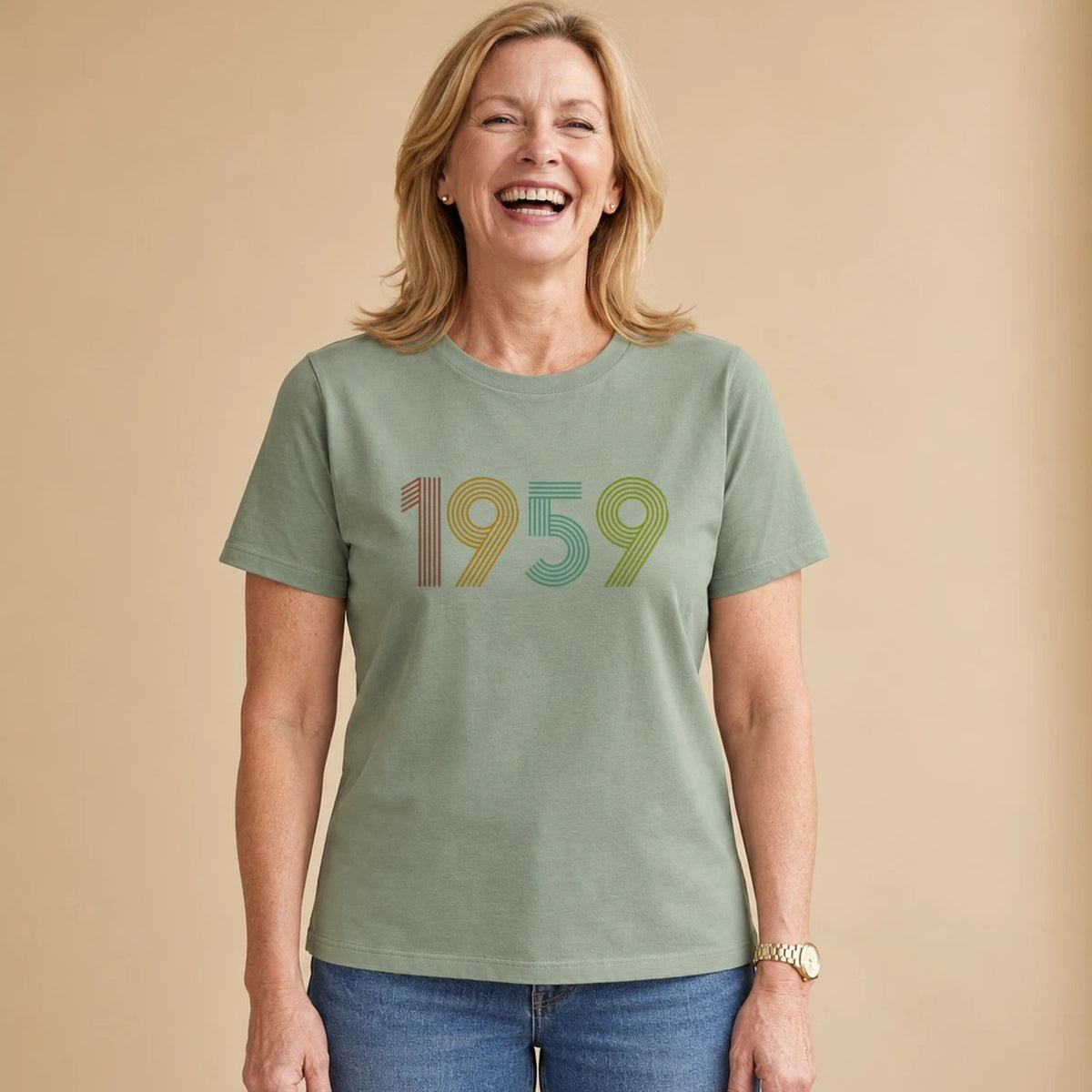 1959 Birth Year Shirt - Retro 67th Birthday T-Shirt for Women - Sage Green Round Neck