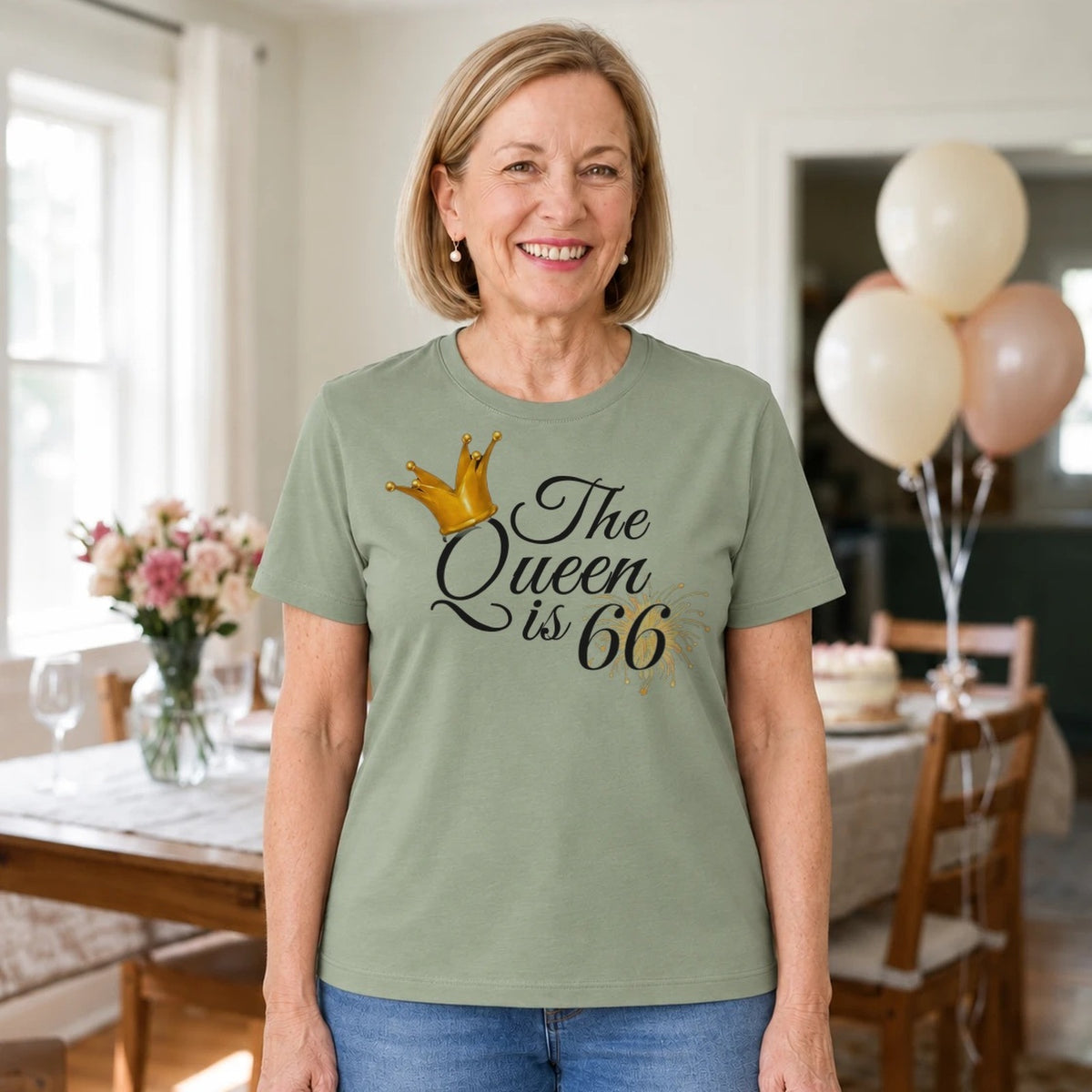 The Queen Is 66 - 66th Birthday Queen T-Shirt for Women - Sage Green Round Neck
