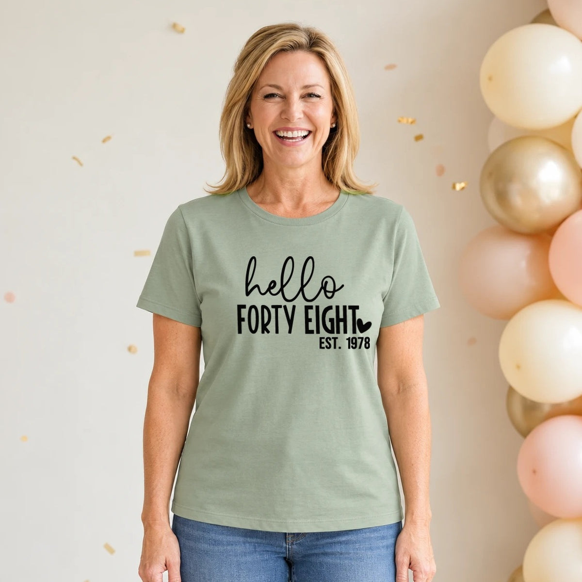 Hello Forty-Eight 48th Birthday T-Shirt for Women - Est. 1978 - Sage Green Round Neck