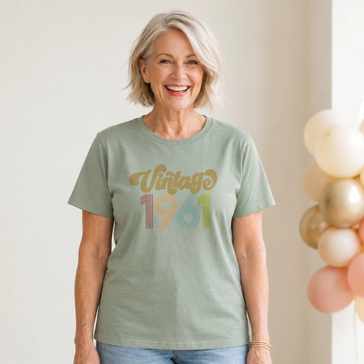 Vintage 1961 - Retro 65th Birthday T-Shirt for Women - Sage Green Round Neck
