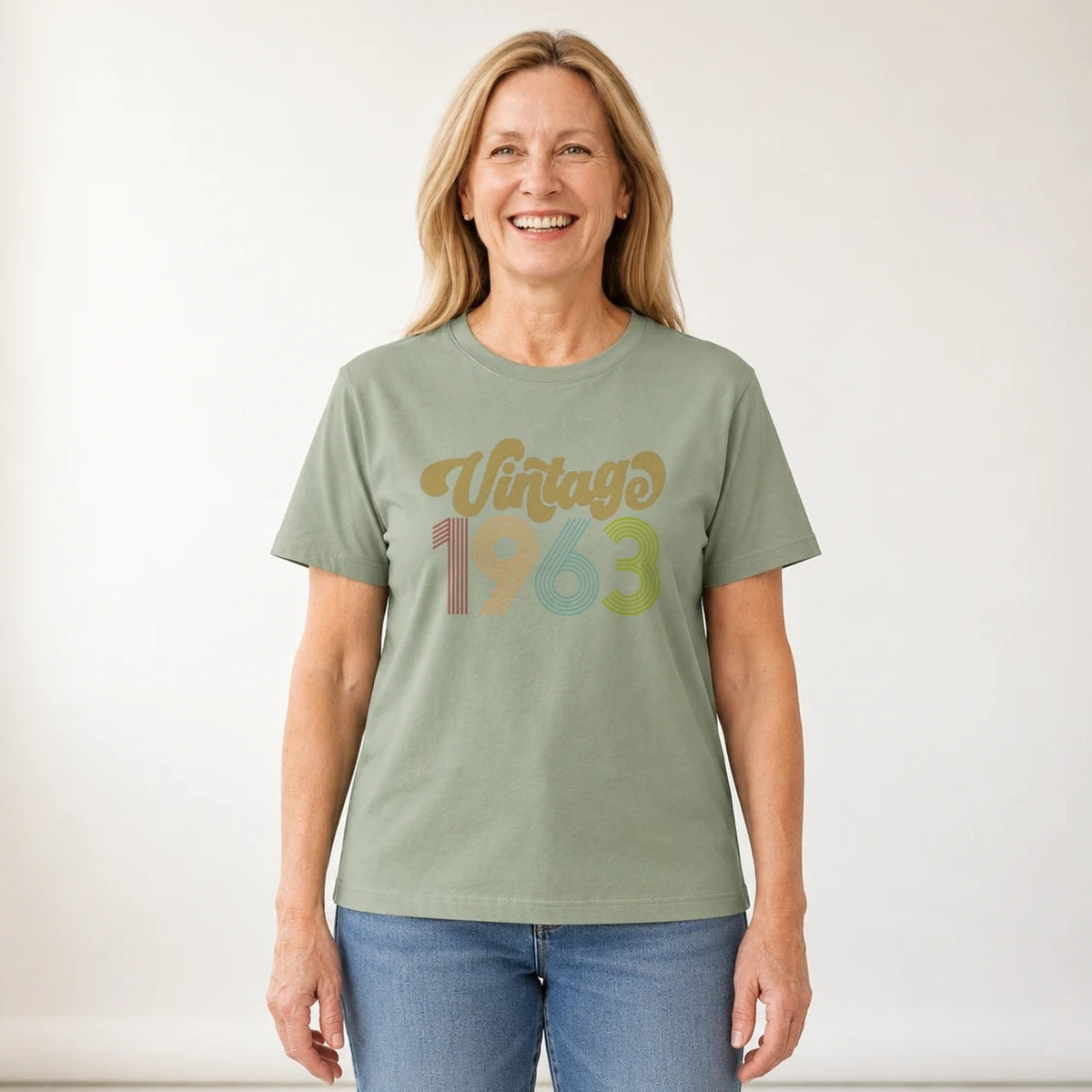 Vintage 1963 - Retro 63rd Birthday T-Shirt for Women - Sage Green Round Neck