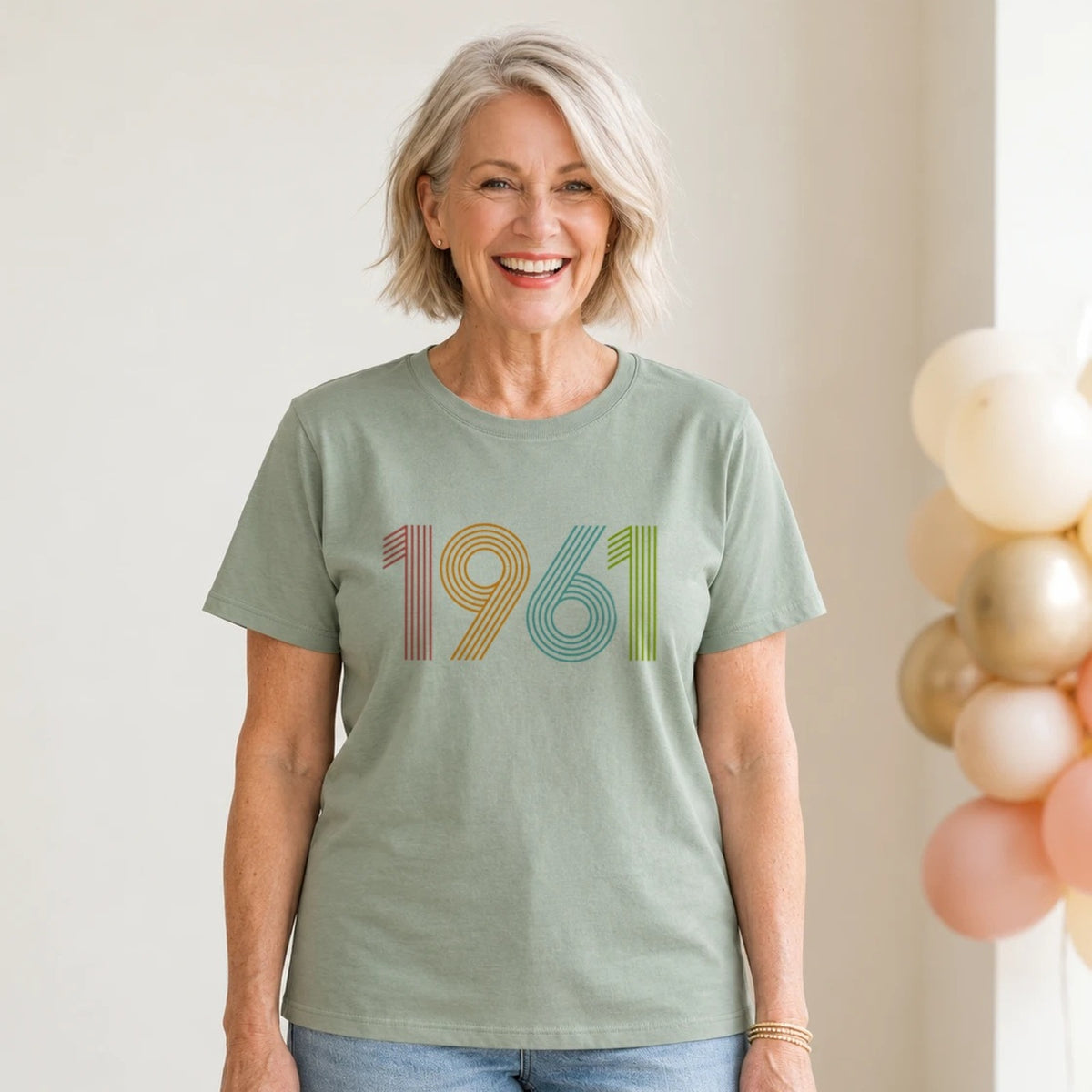 1961 Birth Year Shirt - Retro 65th Birthday T-Shirt for Women - Sage Green Round Neck