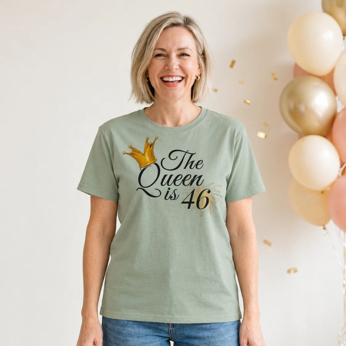 The Queen Is 46 - 46th Birthday Queen T-Shirt for Women - Sage Green Round Neck