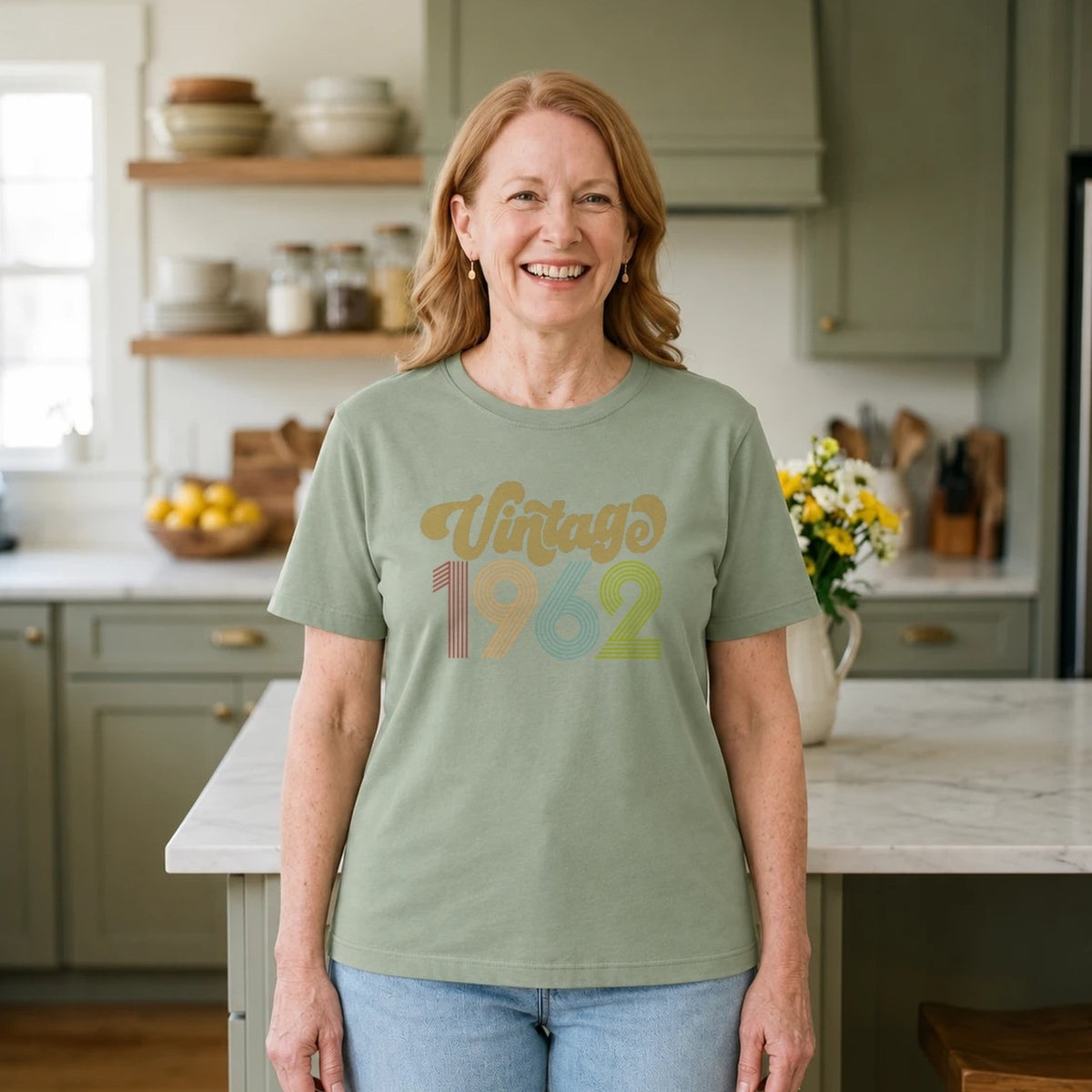 Vintage 1962 - Retro 64th Birthday T-Shirt for Women - Sage Green Round Neck