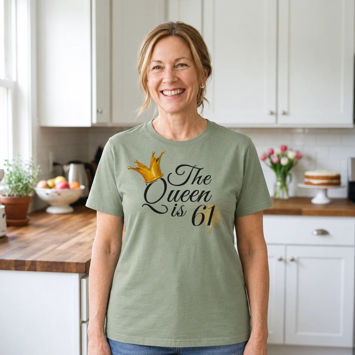 The Queen Is 61 - 61st Birthday Queen T-Shirt for Women - Sage Green Round Neck