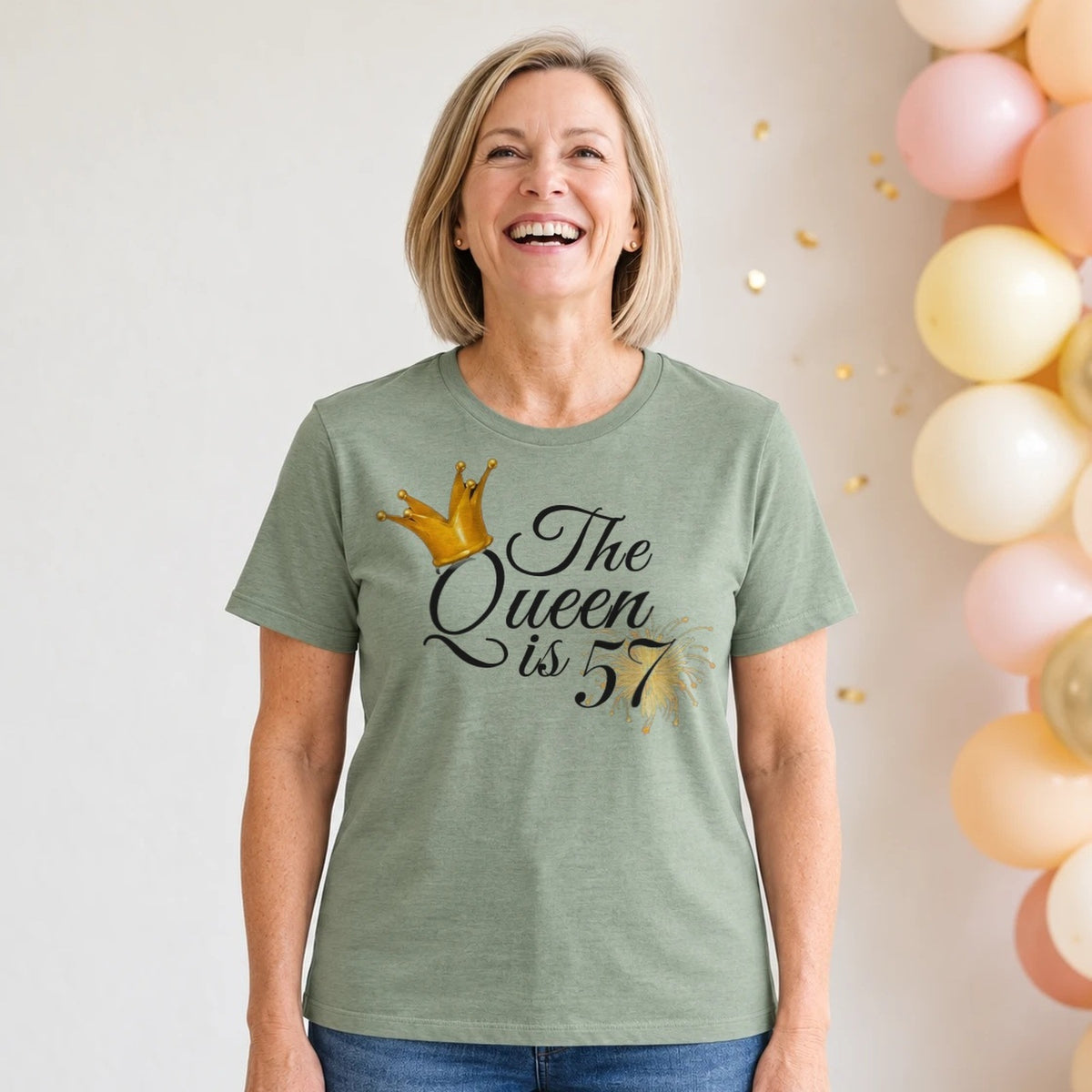 The Queen Is 57 - 57th Birthday Queen T-Shirt for Women - Sage Green Round Neck