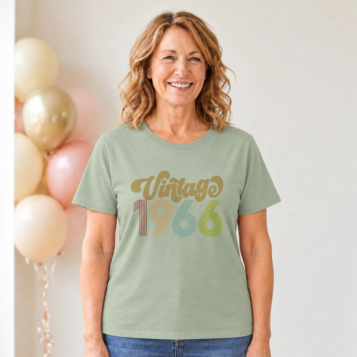 Vintage 1966 - Retro 60th Birthday T-Shirt for Women - Sage Green Round Neck