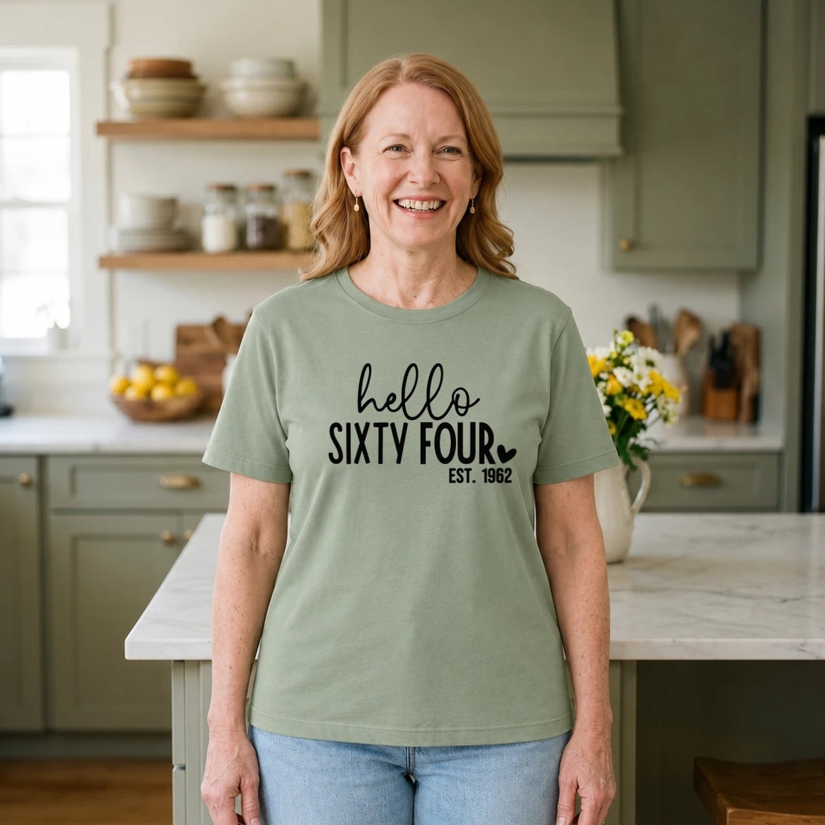 Hello Sixty-Four 64th Birthday T-Shirt for Women - Est. 1962 - Sage Green Round Neck