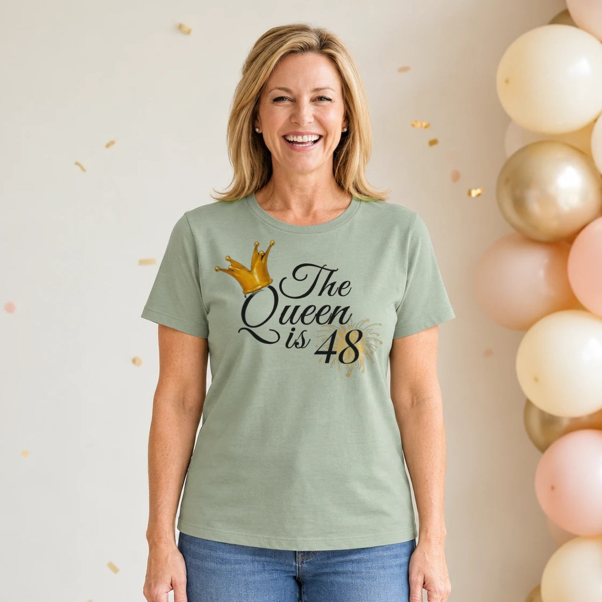 The Queen Is 48 - 48th Birthday Queen T-Shirt for Women - Sage Green Round Neck