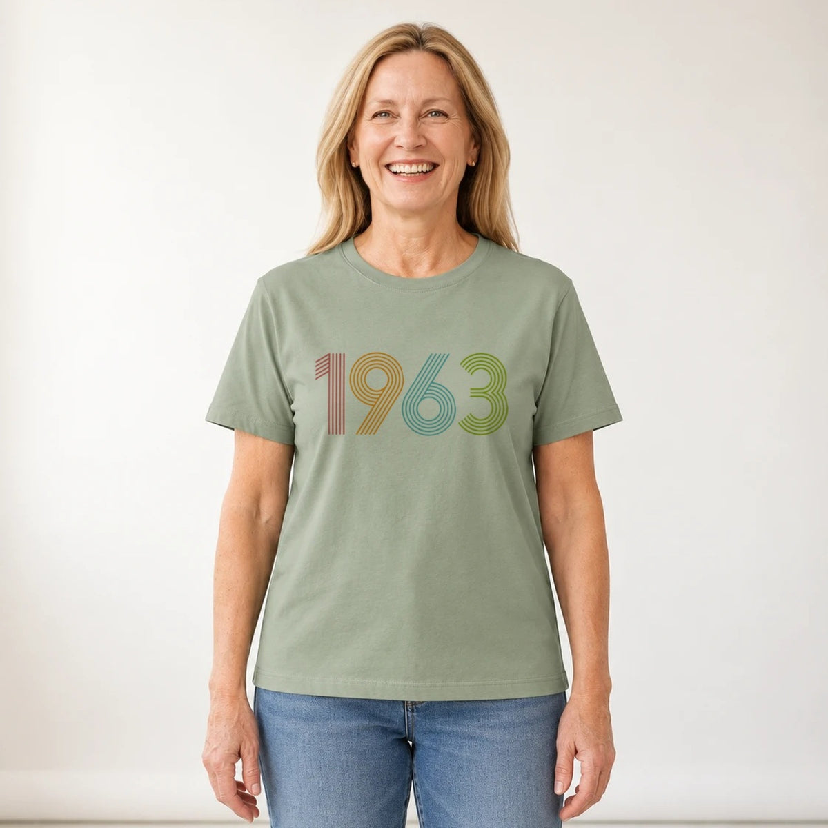 1963 Birth Year Shirt - Retro 63rd Birthday T-Shirt for Women - Sage Green Round Neck