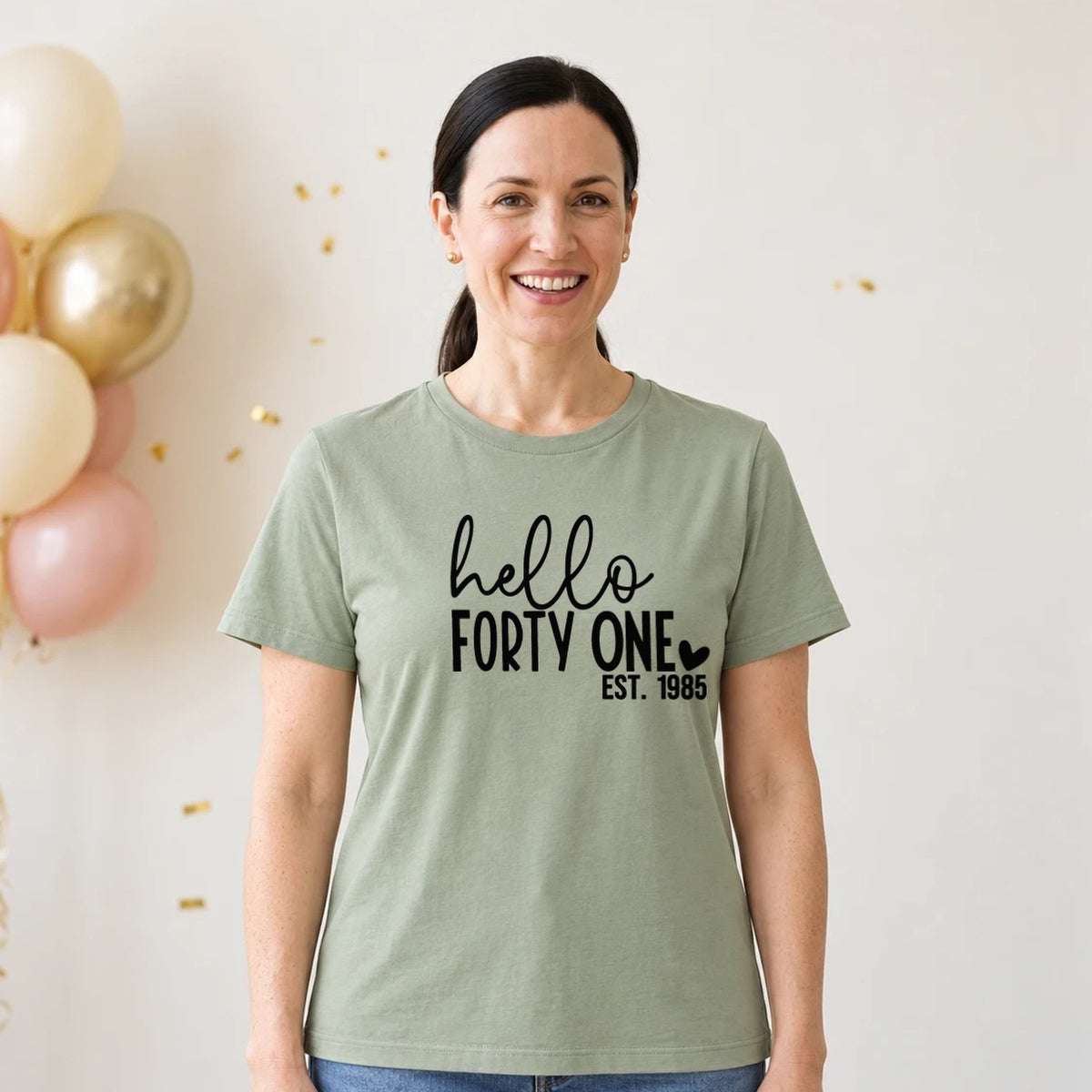 Hello Forty-One 41st Birthday T-Shirt for Women - Est. 1985 - Sage Green Round Neck