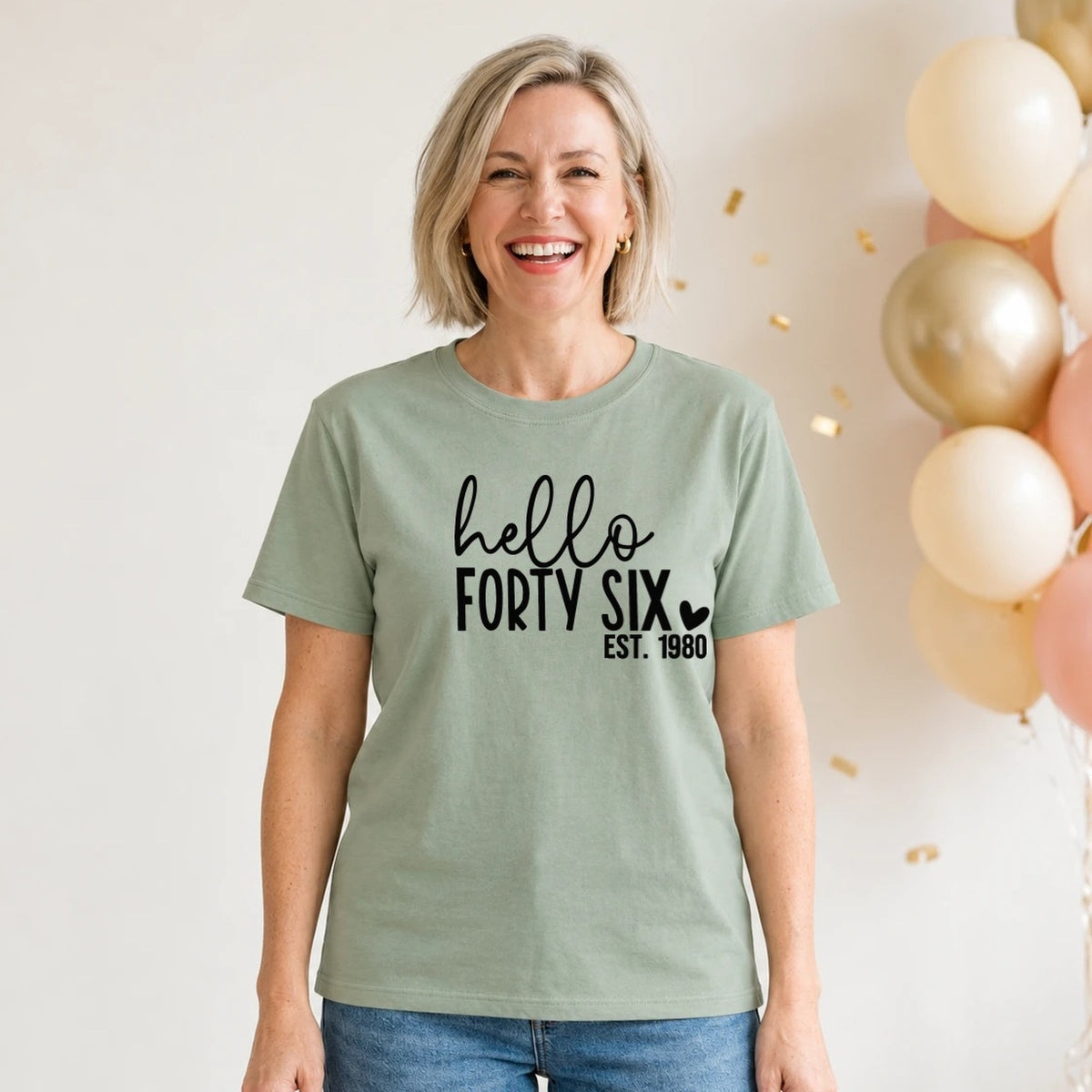 Hello Forty-Six 46th Birthday T-Shirt for Women - Est. 1980 - Sage Green Round Neck