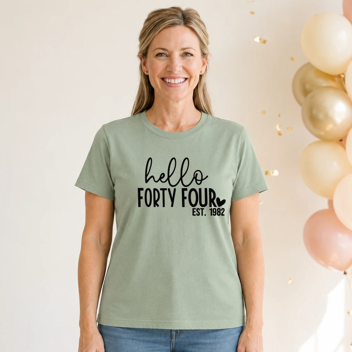 Hello Forty-Four 44th Birthday T-Shirt for Women - Est. 1982 - Sage Green Round Neck