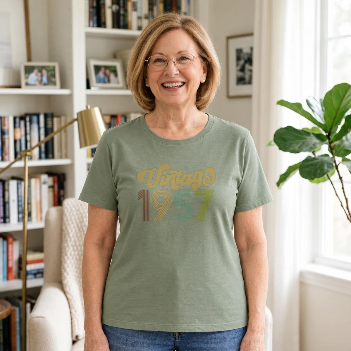 Vintage 1957 - Retro 69th Birthday T-Shirt for Women - Sage Green Round Neck