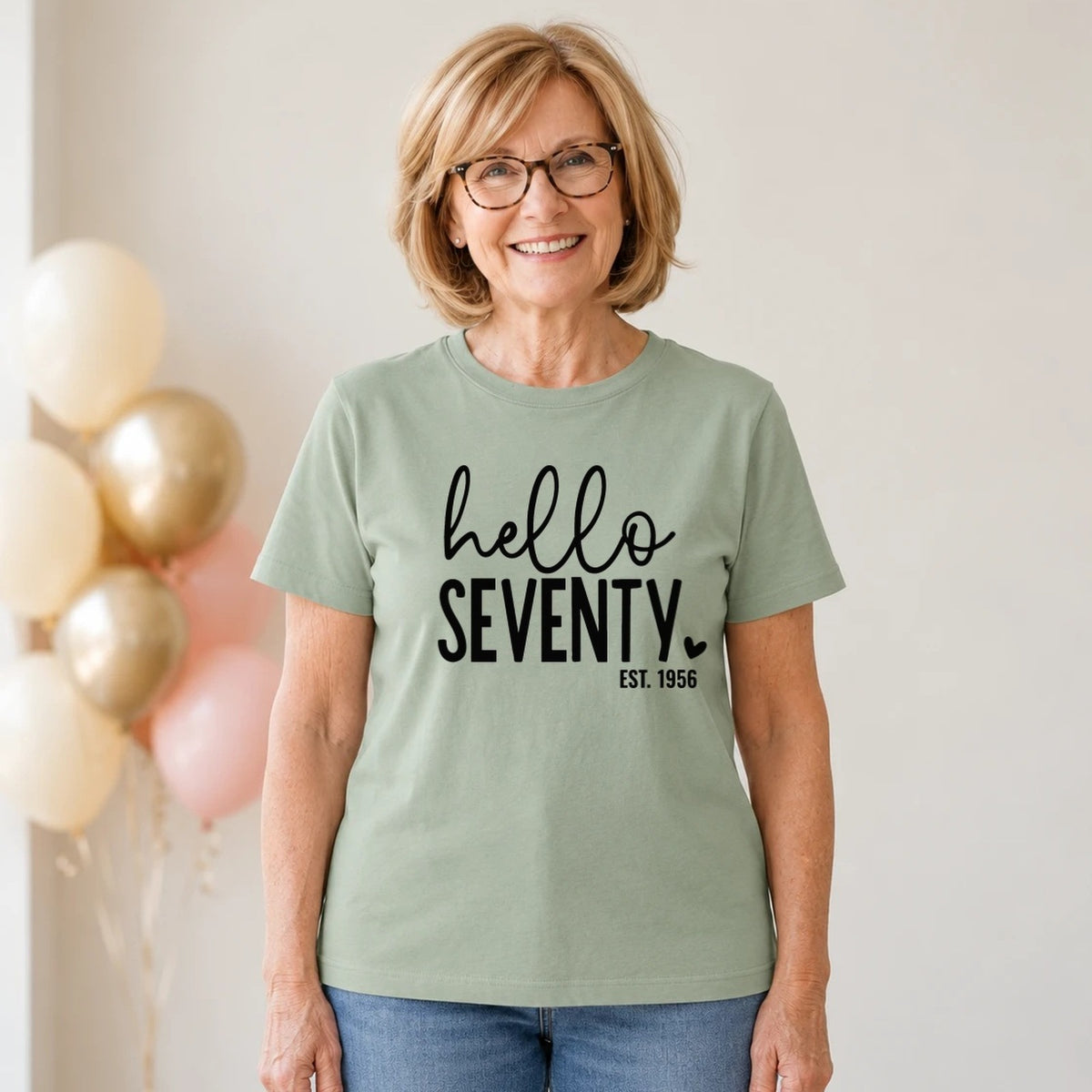 Hello Seventy 70th Birthday T-Shirt for Women - Est. 1956 - Sage Green Round Neck