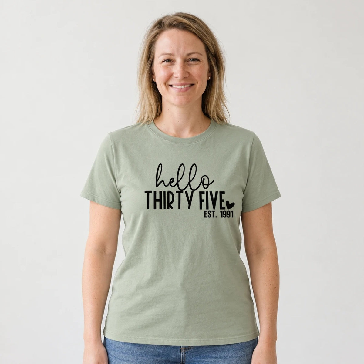Hello Thirty-Five 35th Birthday T-Shirt for Women - Est. 1991 - Sage Green Round Neck