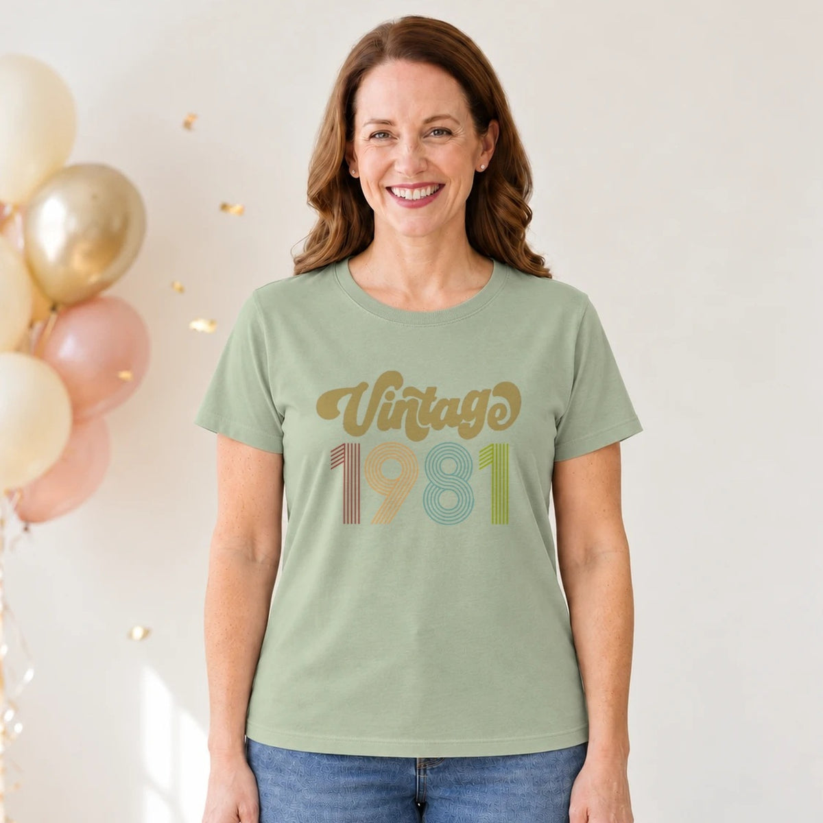 Vintage 1981 - Retro 45th Birthday T-Shirt for Women - Sage Green Round Neck