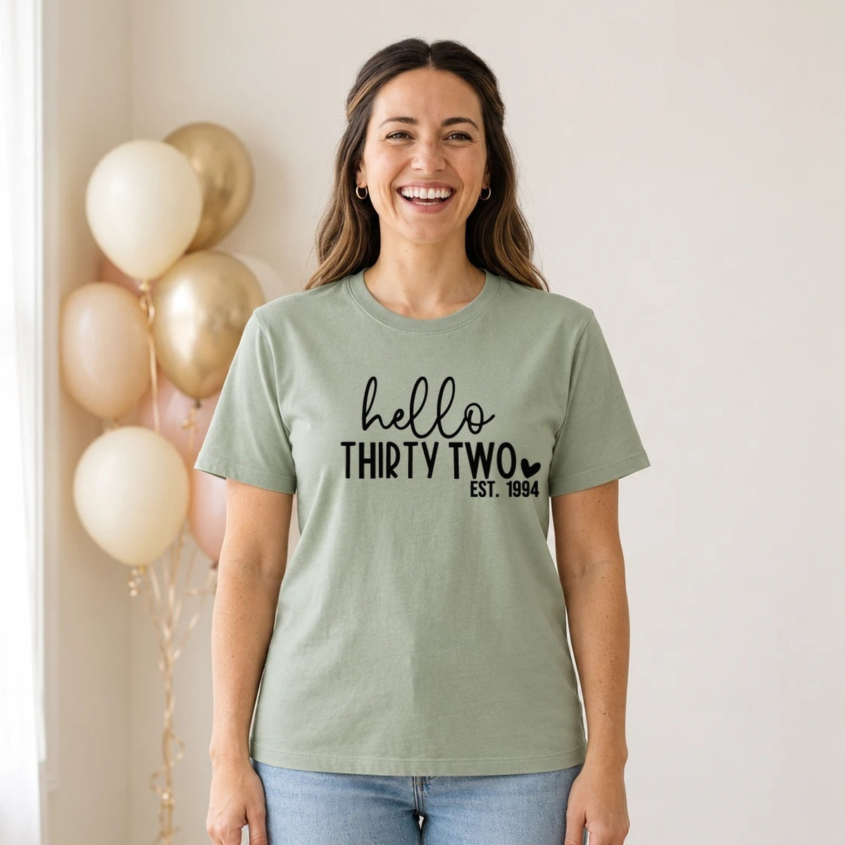 Hello Thirty-Two 32nd Birthday T-Shirt for Women - Est. 1994 - Sage Green Round Neck