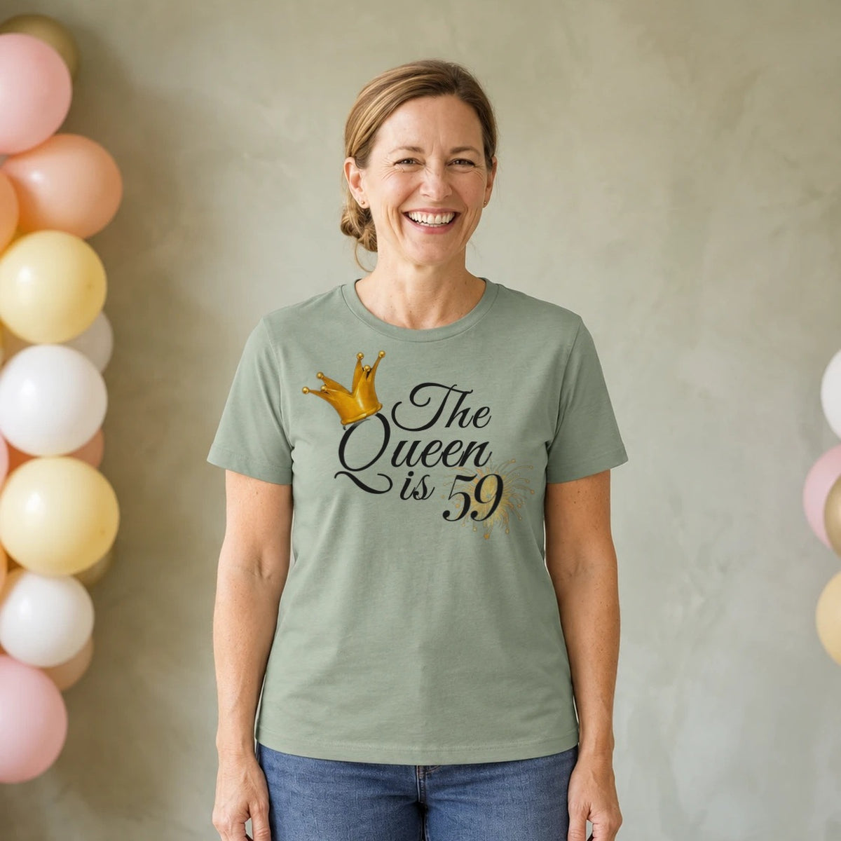The Queen Is 59 - 59th Birthday Queen T-Shirt for Women - Sage Green Round Neck