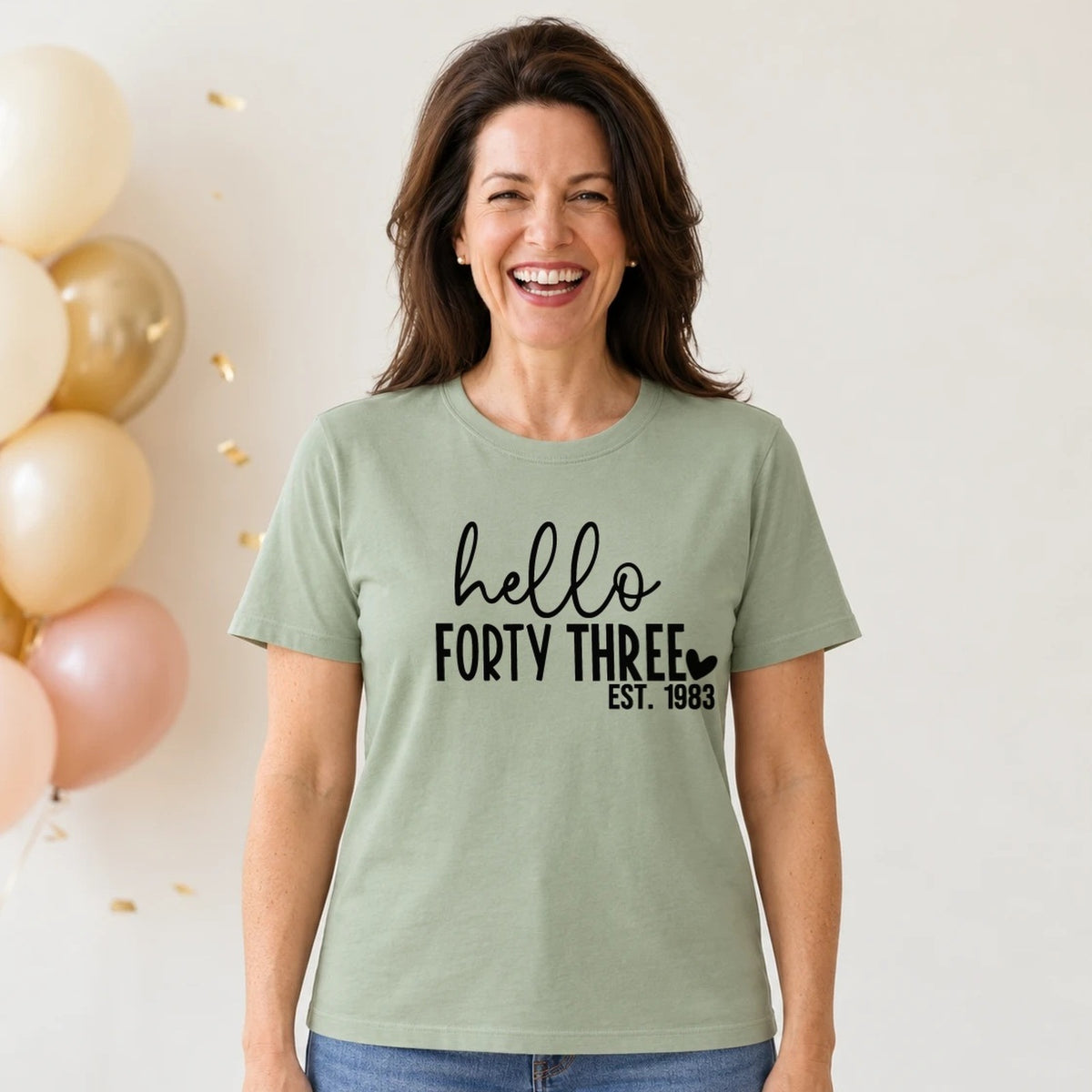 Hello Forty-Three 43rd Birthday T-Shirt for Women - Est. 1983 - Sage Green Round Neck