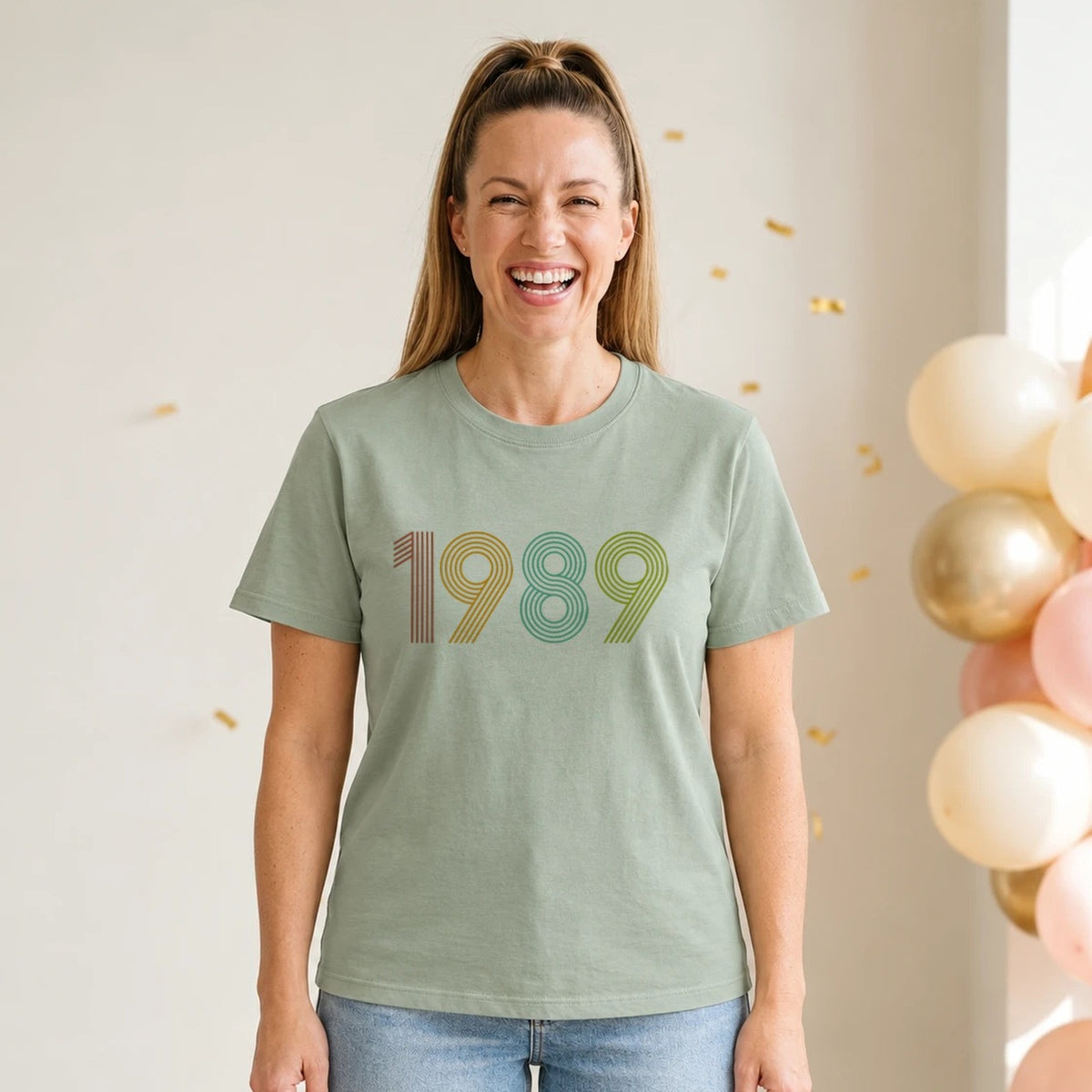1989 Birth Year Shirt - Retro 37th Birthday T-Shirt for Women - Sage Green V-Neck