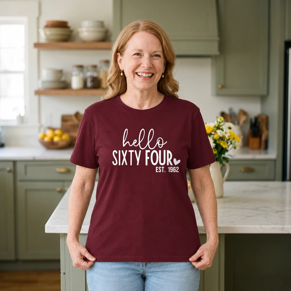 Hello Sixty-Four 64th Birthday T-Shirt for Women - Est. 1962 - Burgundy Round Neck