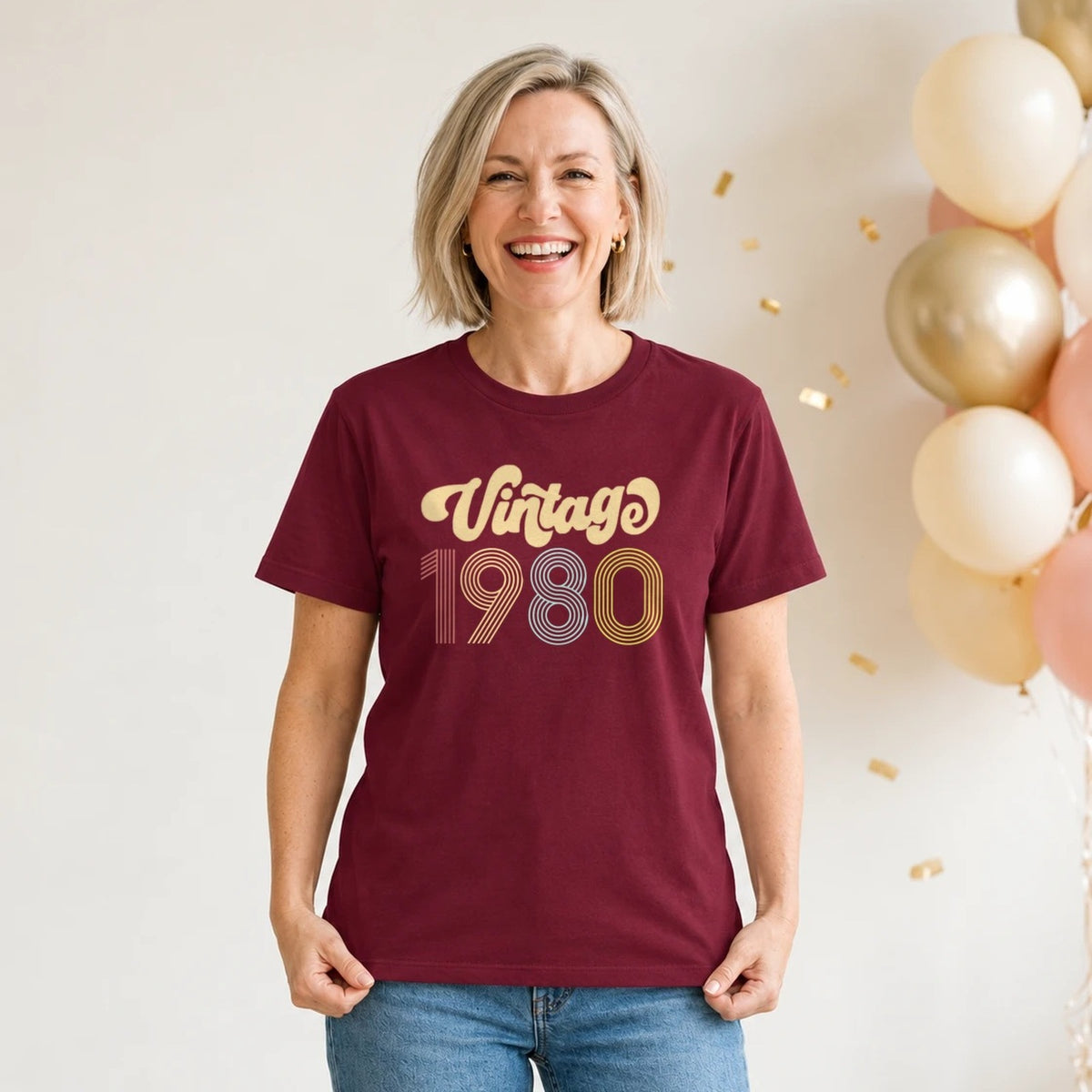 Vintage 1980 - Retro 46th Birthday T-Shirt for Women - Burgundy Round Neck