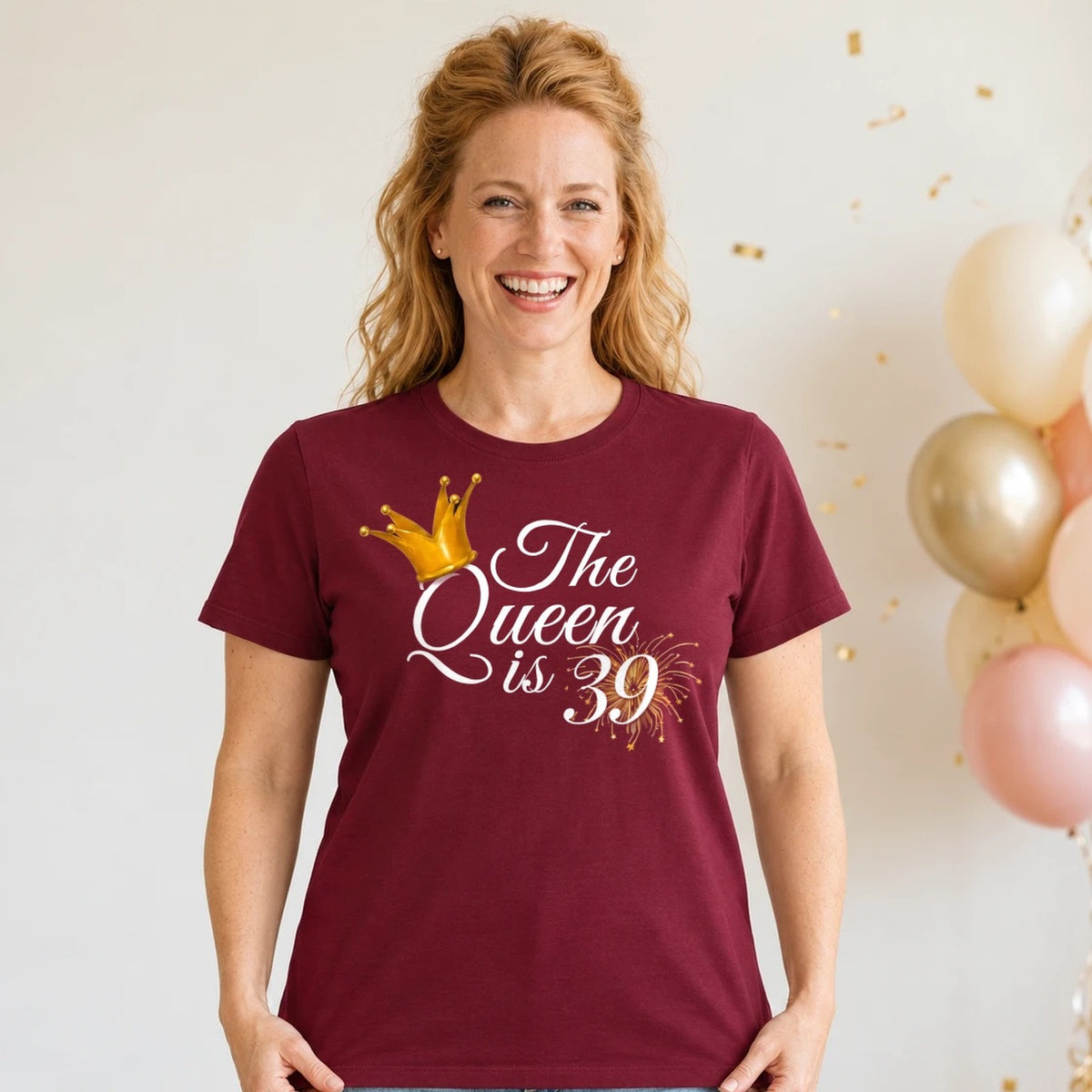 The Queen Is 39 - 39th Birthday Queen T-Shirt for Women - Burgundy Round Neck