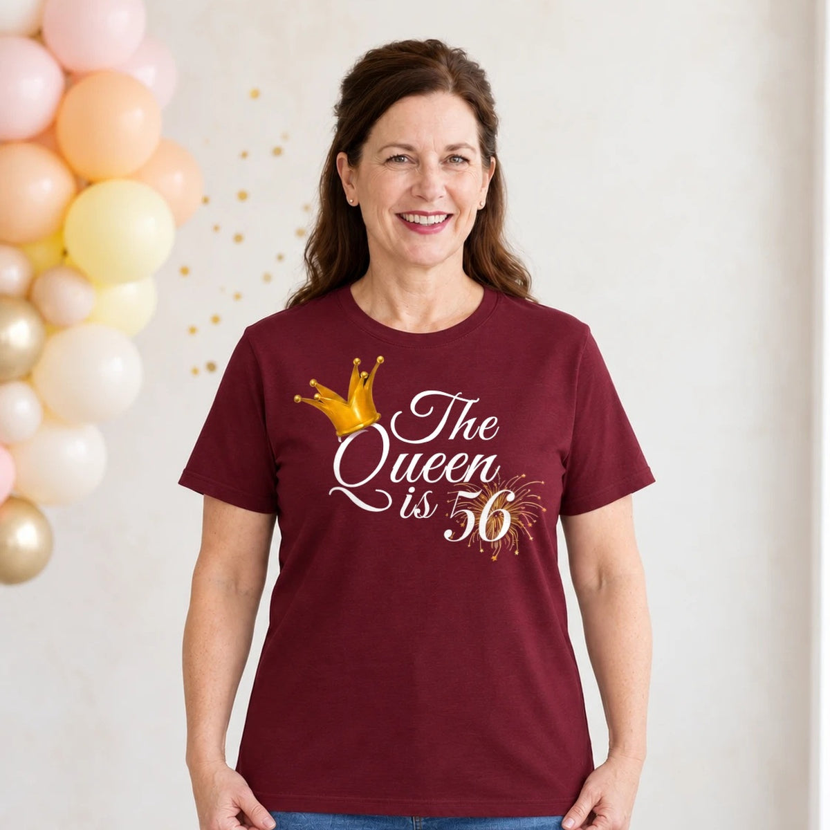 The Queen Is 56 - 56th Birthday Queen T-Shirt for Women - Burgundy Round Neck
