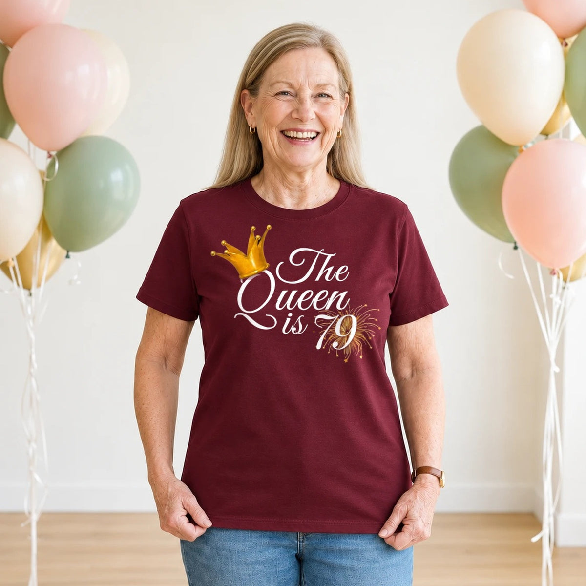 The Queen Is 79 - 79th Birthday Queen T-Shirt for Women - Burgundy Round Neck