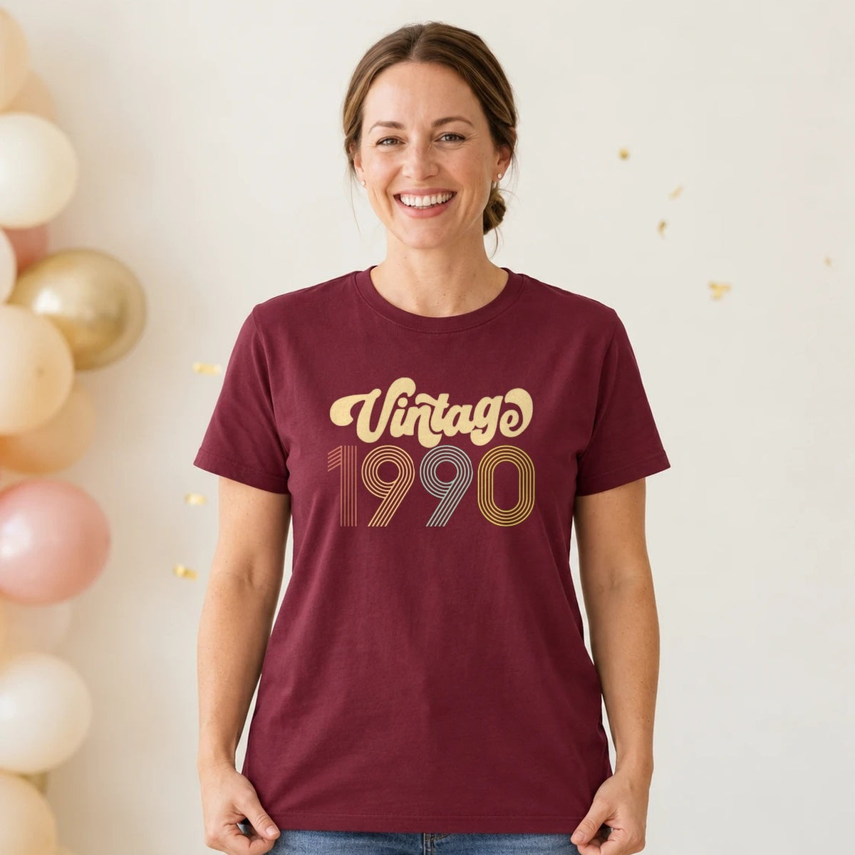 Vintage 1990 - Retro 36th Birthday T-Shirt for Women - Burgundy Round Neck