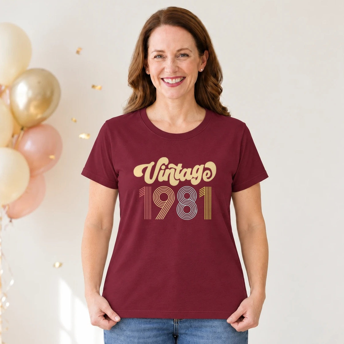 Vintage 1981 - Retro 45th Birthday T-Shirt for Women - Burgundy Round Neck