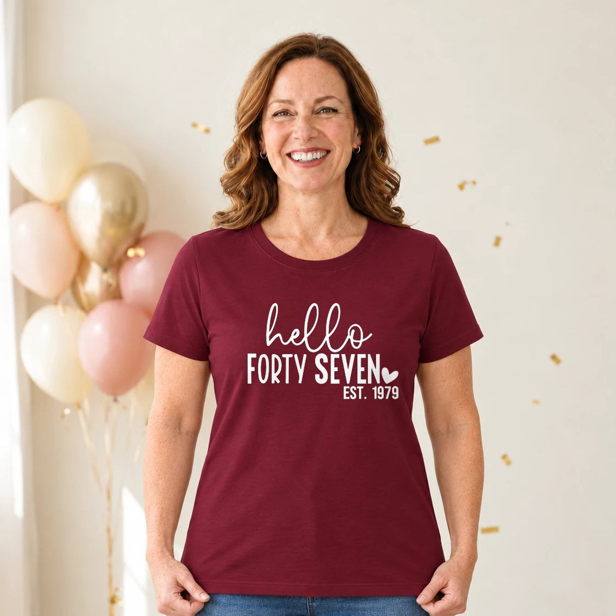 Hello Forty-Seven 47th Birthday T-Shirt for Women - Est. 1979 - Burgundy Round Neck