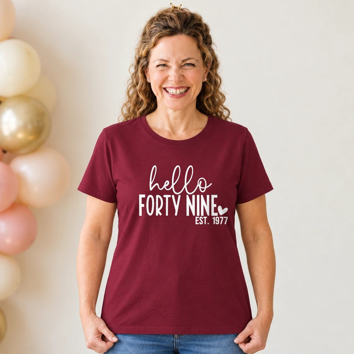 Hello Forty-Nine 49th Birthday T-Shirt for Women - Est. 1977 - Burgundy Round Neck