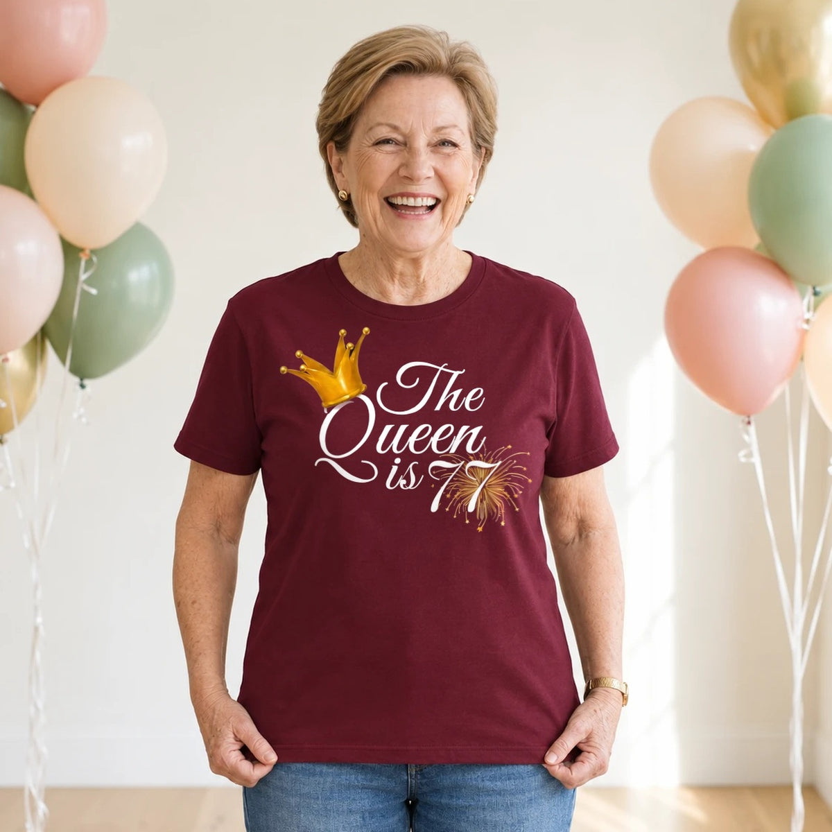 The Queen Is 77 - 77th Birthday Queen T-Shirt for Women - Burgundy Round Neck