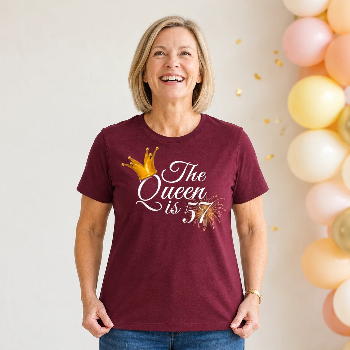 The Queen Is 57 - 57th Birthday Queen T-Shirt for Women - Burgundy Round Neck