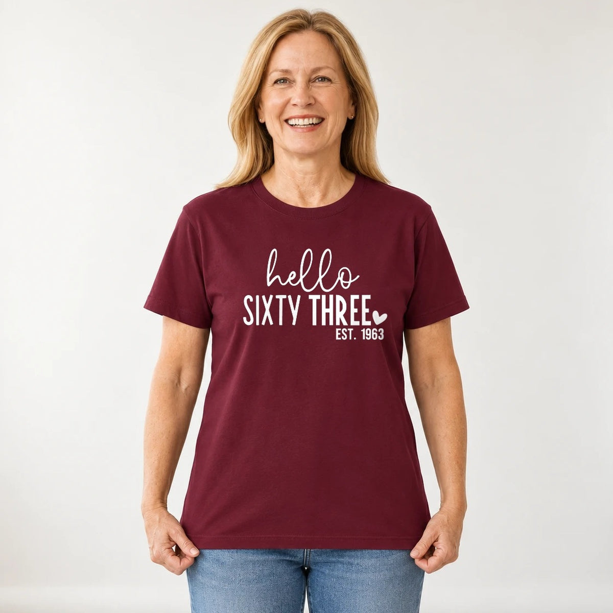 Hello Sixty-Three 63rd Birthday T-Shirt for Women - Est. 1963 - Burgundy Round Neck