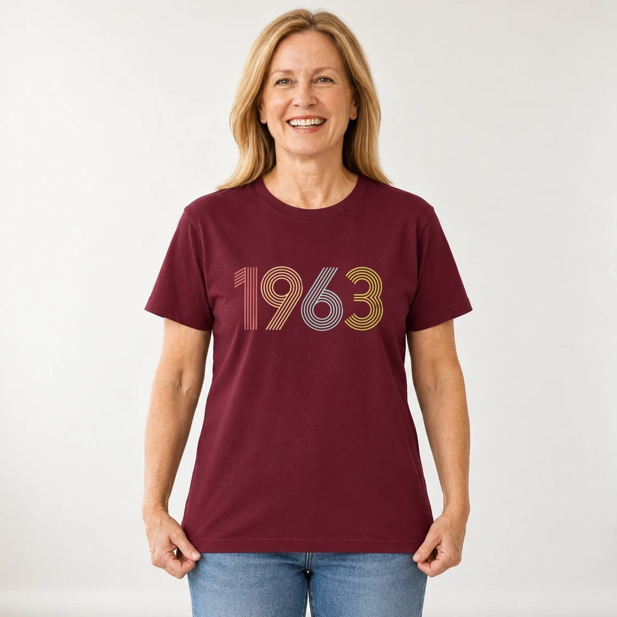 1963 Birth Year Shirt - Retro 63rd Birthday T-Shirt for Women - Burgundy Round Neck