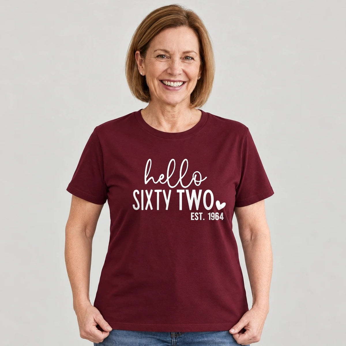 Hello Sixty-Two 62nd Birthday T-Shirt for Women - Est. 1964 - Burgundy Round Neck