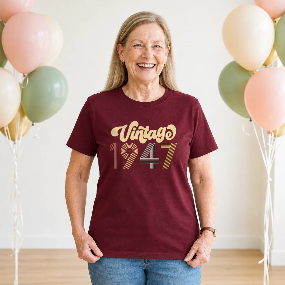 Vintage 1947 - Retro 79th Birthday T-Shirt for Women - Burgundy Round Neck